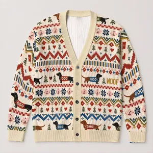 Sausage Dog Fair Isle Motifs for Cozy Weekend Layering and Everyday Womens Style All-over Print Knitted Cardigan