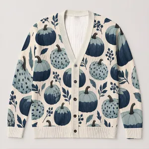 Navy And Mint Pumpkin Motifs For Autumn Halloween Layering And Cozy Everyday Women's Style All-over Print Knitted Cardigan