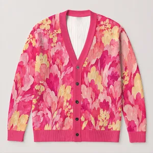 Pink Yellow Watercolor Floral Waves for Cozy Autumn Layers, Youthful Women's Style All-over Print Knitted Cardigan