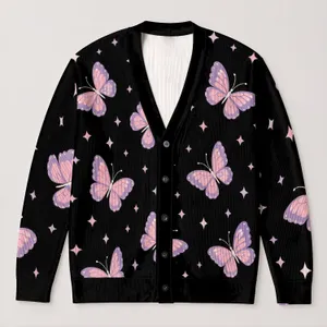 Pastel Butterfly Motifs For Relaxed Everyday Layering And Casual Women's Weekend Style All-over Print Knitted Cardigan