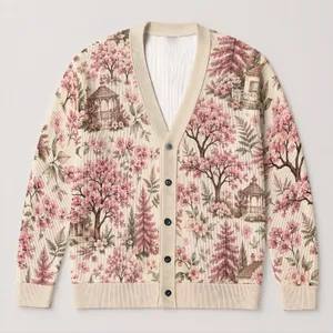 Pink Blossom Cottage Trees For Soft Spring Layering And Romantic Everyday Wardrobe Style All-over Print Knitted Cardigan