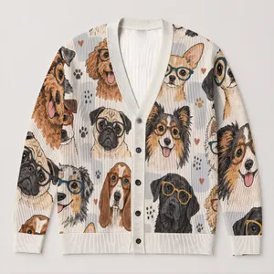 Quirky Dog Faces With Glasses For Playful Everyday Layering And Cozy Pet Lover Style All-over Print Knitted Cardigan