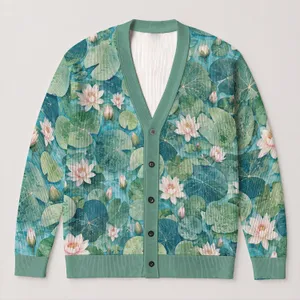 Water Lily Garden Florals for Relaxed Everyday Layering and Botanical Weekend Style All-over Print Knitted Cardigan