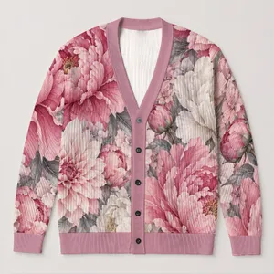 Pink Peony Blossoms for Romantic Everyday Layering and Spring Garden Weekend Style All-over Print Knitted Cardigan