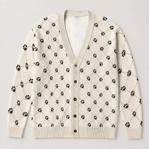 Black Paw Prints on Cream Diamond Lattice for Cozy Everyday Layering and Dog Lovers All-over Print Knitted Cardigan