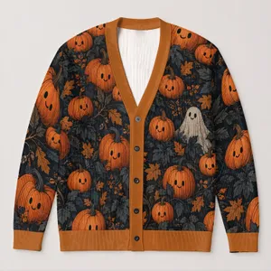 Pumpkin Harvest Friends for Cozy Autumn Outings and Relaxed Seasonal Style Women All-over Print Knitted Cardigan