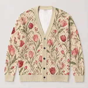 Tulip Floral Botanical Blooms for Beach Vacations and Spring Layering for Women Style All-over Print Knitted Cardigan