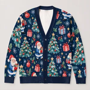 Santa Claus Christmas Trees and Gifts for Festive Holiday Layering for Women at Home All-over Print Knitted Cardigan