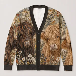 Highland Cow Floral Meadow Charm for Weekend Outings and Countryside Living Lovers All-over Print Knitted Cardigan