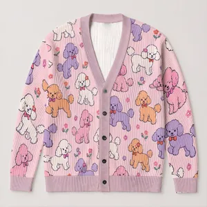 Pastel Poodle Dogs for Playful Fall Layering and Everyday Casual Weekend Wardrobe All-over Print Knitted Cardigan