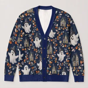 Ghosts and Haunted Houses for Halloween Layering, Women's Cozy Autumn Style Wear All-over Print Knitted Cardigan