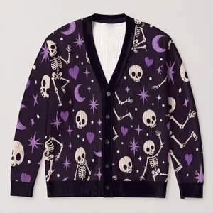Gothic Skeleton Hearts and Moons for Halloween Nights and Casual Autumn Style for Women All-over Print Knitted Cardigan