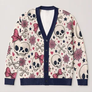 Pink Bow Skull Spiderweb Halloween Style for Cute Playful Everyday Autumn Layering Women All-over Print Knitted Cardigan