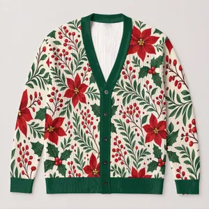 Red Poinsettia Holly Berry Florals For Festive Layering And Everyday Women's Style All-over Print Knitted Cardigan