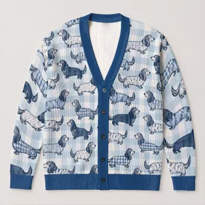 Blue Dachshund Checks For Cozy Autumn Walks And Everyday Casual Style For Dog Lovers All-over Print Knitted Cardigan