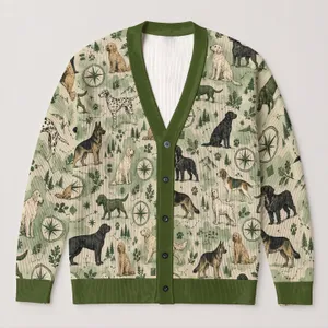 Green And Black Dog Lover Style For Casual Spring Layering And Everyday Outdoor Wear All-over Print Knitted Cardigan