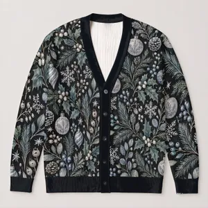 Winter Holly Pine Botanical Motifs for Cozy Holiday Layering and Cold-Weather Style All-over Print Knitted Cardigan