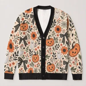 Autumn Pumpkin Floral Bows for Cozy Halloween Layering Women, Fall Party and Gifting All-over Print Knitted Cardigan