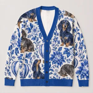 Blue Dachshund Hot Air Balloon Flowers for Cozy Dog Lover Gifts, Casual Days And Outings All-over Print Knitted Cardigan