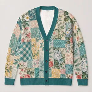 Teal Floral Patchwork Blooms For Spring Layering And Everyday Garden Style Women All-over Print Knitted Cardigan