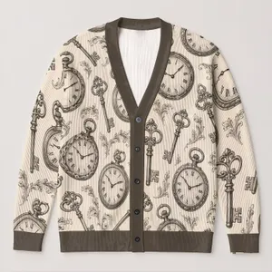 Vintage Pocket Watches And Ornate Keys For Everyday Layering, Women’s Classic Style All-over Print Knitted Cardigan