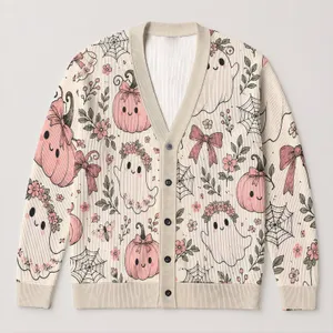 Whimsical Ghosts and Pink Pumpkins for Cozy Halloween Gatherings and Fall Layering All-over Print Knitted Cardigan