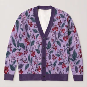 Lavender Berry Floral Botanicals for Cozy Fall Layering and Everyday Women’s Style All-over Print Knitted Cardigan