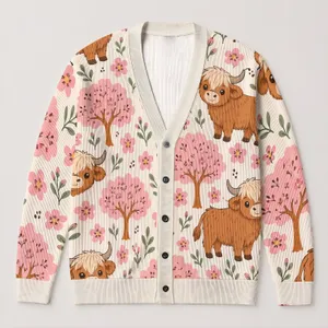 Pink Flowering Trees And Highland Cows For Cozy Everyday Layering Fans All-over Print Knitted Cardigan