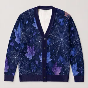 Spider Web Maple Leaf Motifs for Autumn Layering, Cozy Everyday Style for Women's Outfits All-over Print Knitted Cardigan