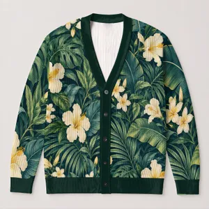 Tropical Hibiscus Floral Jungle Leaves for Resort Travel and Everyday Layering Women All-over Print Knitted Cardigan