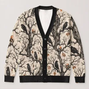 Ravens, Gnarled Trees and Autumn Skulls for Halloween Gatherings and Casual Layering All-over Print Knitted Cardigan