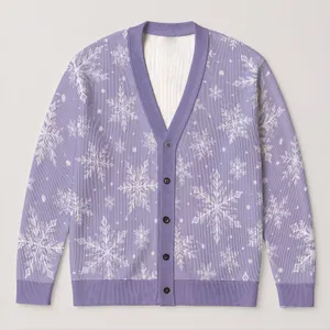 Lavender Snowflake Motif for Cozy Winter Layering and Festive Gatherings for Her All-over Print Knitted Cardigan
