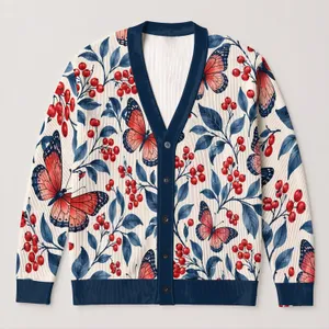 Red Butterfly Berry Botanical Motif for Spring Layering and Casual Everyday Wear All-over Print Knitted Cardigan