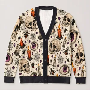 Gothic Skull Eyeball Candles And Spiderwebs For Halloween Layering Women's Style All-over Print Knitted Cardigan