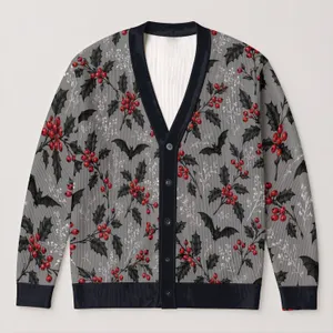 Red Holly Berries And Black Bat Motif For Cozy Fall Layering, Women's Gothic Style All-over Print Knitted Cardigan
