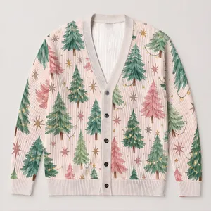 Pastel Christmas Tree Holiday Motif for Cozy Casual Layering and Festive Outings All-over Print Knitted Cardigan