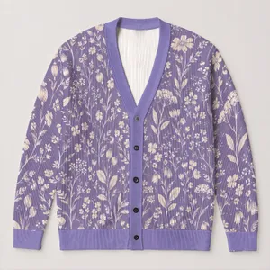 Lavender Wildflower Sprigs for Relaxed Everyday Layering and Autumn Weekend Style All-over Print Knitted Cardigan