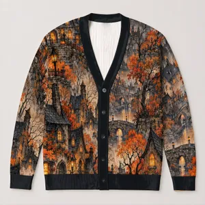 Haunted Village Halloween Autumn Scene for Women, Cozy Seasonal Layering Style All-over Print Knitted Cardigan