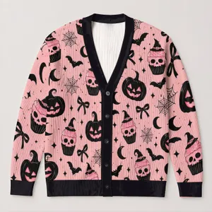 Pink Halloween Bats And Skull Cupcakes For Spooky Fall Parties, Women's Plus Size All-over Print Knitted Cardigan