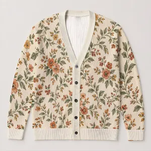 Vintage Ivory Floral Vine Motif for Cozy Spring Layering and Relaxed Everyday Style All-over Print Knitted Cardigan
