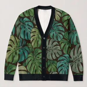 Tropical Monstera Leaf Vacation Style for Women, Relaxed Everyday Resort Layering All-over Print Knitted Cardigan