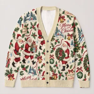 Vintage Santa Claus Christmas Holiday Scenes for Cozy Winter Layering and Parties All-over Print Knitted Cardigan
