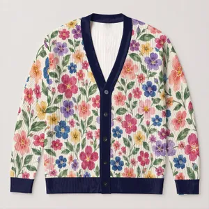 Watercolor Wildflower Bouquet in Bright Pastels for Everyday Spring Layering Women All-over Print Knitted Cardigan