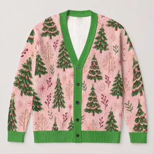 Pink Christmas Tree Motifs for Festive Holiday Gatherings and Cheerful Winter Layering All-over Print Knitted Cardigan