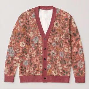 Vintage Abstract Floral Motifs for Cozy Everyday Layering and Relaxed Weekend Outings All-over Print Knitted Cardigan