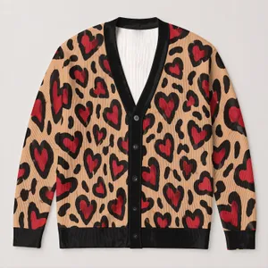 Red And Black Heart Leopard Motif For Romantic Everyday Layering And Gift Giving Style All-over Print Knitted Cardigan