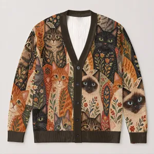 Colorful Patchwork Cat Faces for Cozy Travel Days and Creative Everyday Layering All-over Print Knitted Cardigan