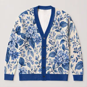 Blue Botanical Florals for Elegant Autumn Layering and Everyday Women’s Casual Style All-over Print Knitted Cardigan