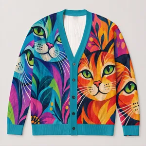 Colorful Cat Faces for Beach Getaways, Travel Days, and Creative Everyday Layering All-over Print Knitted Cardigan
