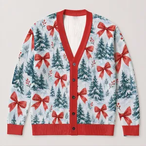 Red Bows And Evergreen Trees For Cozy Christmas Gatherings And Winter Outings For Women All-over Print Knitted Cardigan